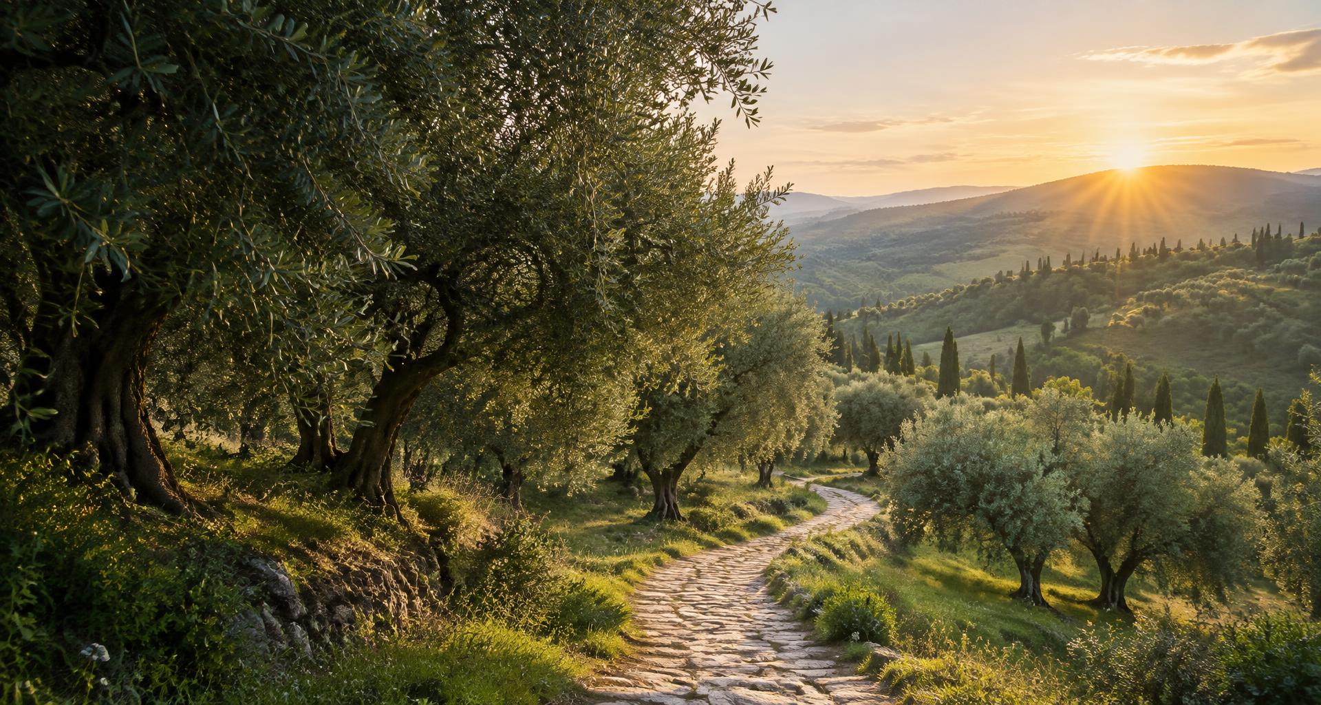 A sunlit path winding through an olive grove